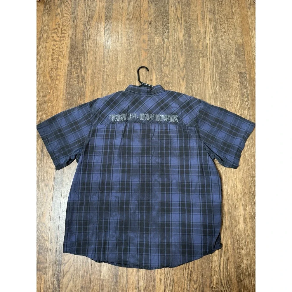 Harley Davidson Mens 2XL Blue Black Plaid Short Sleeve Button Up Shirt Biker - Picture 6 of 6